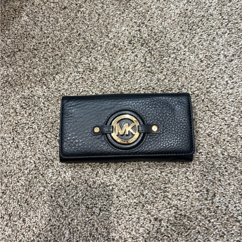 Michael Kors Black Leather Clutch with Gold Logo